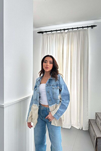 Moda Days Women's Blue Denim Jacket with Knitwear Trim, Shirt Collar, Buttone...