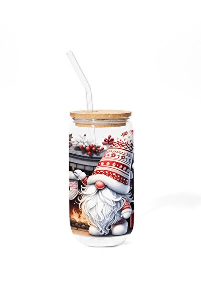 Pahar Sticlă cu capac din bambus - Xmas Dwarf X