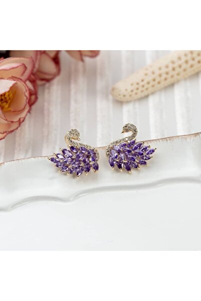 ANGELSS JEWELLERY أقراط نسائية من حجر الزركون الأرجواني على شكل بجعة ذهبية، أ...