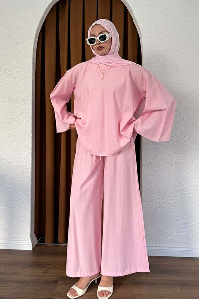 Modaensarbutik Modal Kumaş Geniş Kollu Gömlek Yaka Tesettür Takım-PEMBE