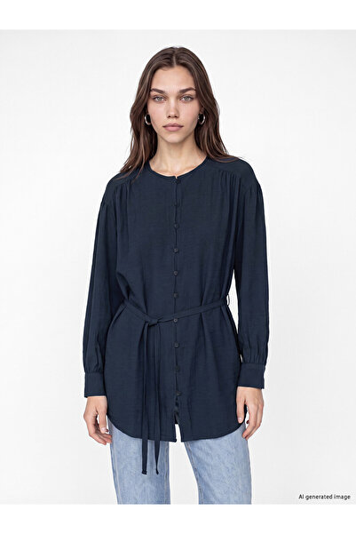 LC Waikiki Navy Blue Belted Textured Women's Shirt Tunic