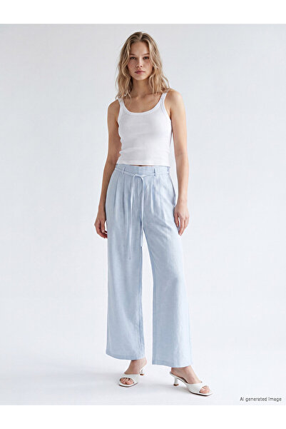 LC Waikiki Blue Elastic Waist Linen Blend Women's Trousers