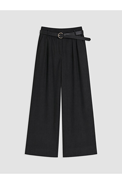 LC Waikiki Black Pleated Women's Fabric Trousers with Belt