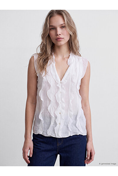 LC Waikiki White Ruffled Tulle Blouse with Peplum Collar