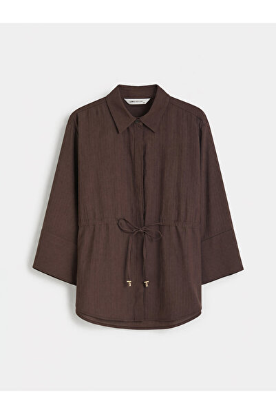 LC Waikiki Brown Striped Women's Shirt with Tie Waist
