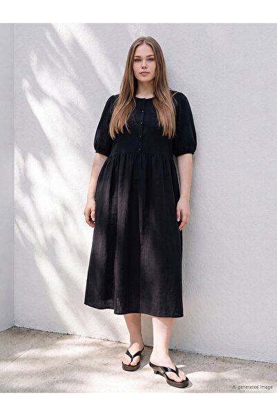 LC Waikiki Black Plus Size Crew Neck Pleated Dress