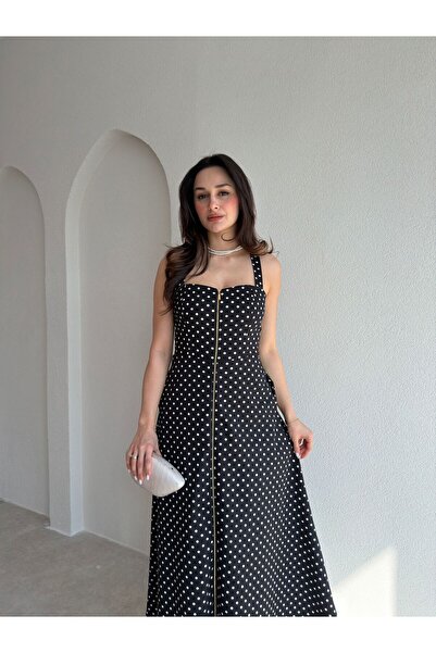 Mooi Butik Yedli̇n Polka Dot Midi Dress 9075 - Black