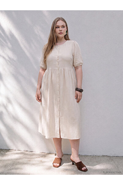 LC Waikiki Ecru Plus Size Crew Neck Pleated Dress