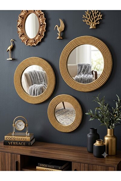 mysecrethome 3'lü Gold Halat Çerçeveli Duvar Aynası Seti