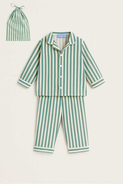 La ciel Paris Boy's Summer Pajama Set Green Striped Pajama Top and Bottom Set + Gift Bag