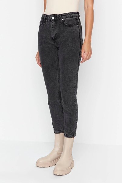 bluewoopss Lycra High Waist Smoked Snow Washed Mom Jeans