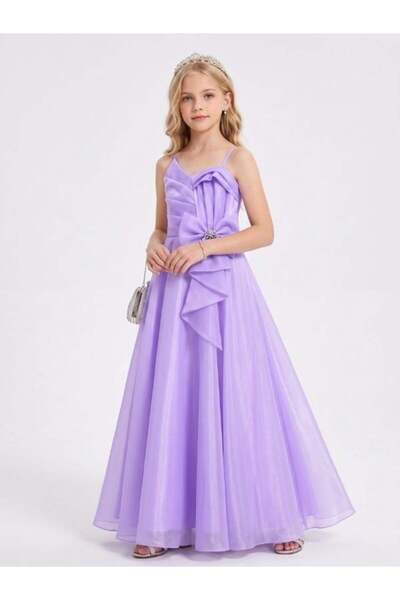 Zekids Girl's Asymmetrical Draped Detailed Bowknot Long Evening Dress