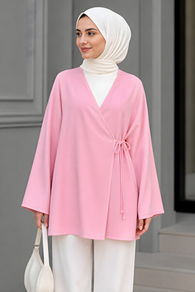 İmajButik Pudra Kruvaze Yaka Yandan Bağlamalı Yazlık Kimono Tunik