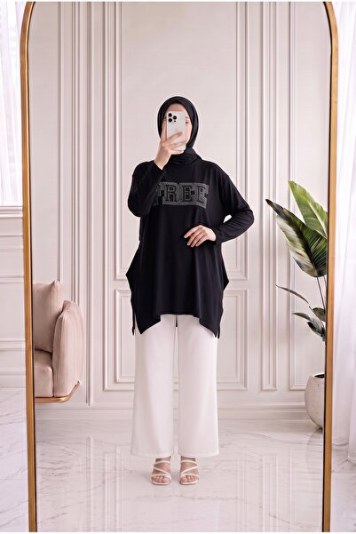 MİHRA STORE Lalefer Baget Stone Casual Viscose Tunic-Mf1916 Black