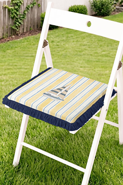 Realhomes Striped Patterned Fringed Zippered Chair Cushion with Sailing Boat ...