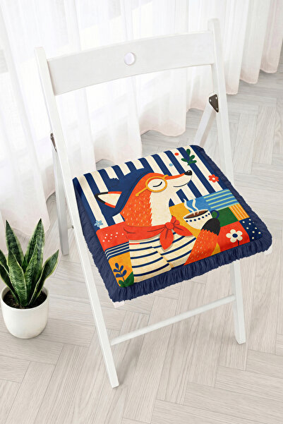 Realhomes Fringed Zippered Chair Cushion with Glasses-Wearing Fox and Striped...