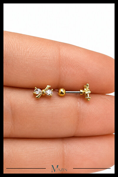 MAZEN Kristal Fiyonk Tragus Piercing Çelik Gold Renk Şık Zirkon Taşlı