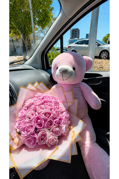 Spes Premium 1 Metre Peluş Ayıcık ve 50 cm Pembe Gül Buketi Hediye Seti