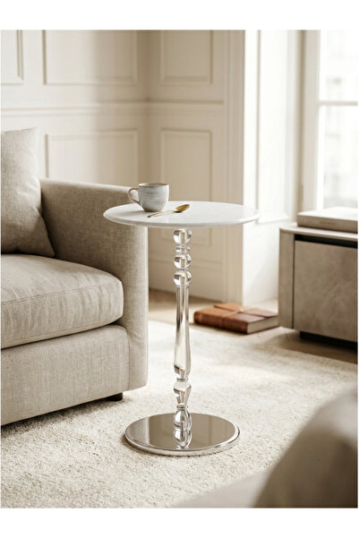DEC13 Round End Table with White Top and Shiny Stainless Steel Base