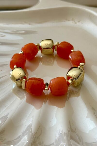 Trendy Butik Orange Gold Beaded Flexible Bracelet