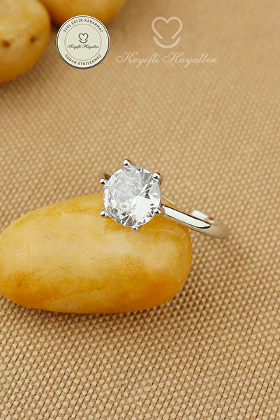 Keyifli Hayaller Steel Ring - Adjustable Steel Large White Zircon Solitaire R...