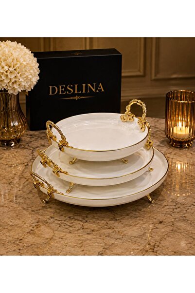 Deslina 3-Piece Porcelain Serving and Presentation Set with Gold Handles – Lu...