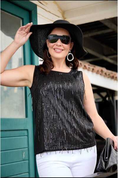 wearon tekstil JAPONE KOL PUL PAYET İŞLEMELİ SİYAH BLUZ