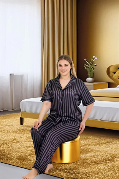 SS HOME CONCEPT Plus size chic design black striped button-down short sleeve ...