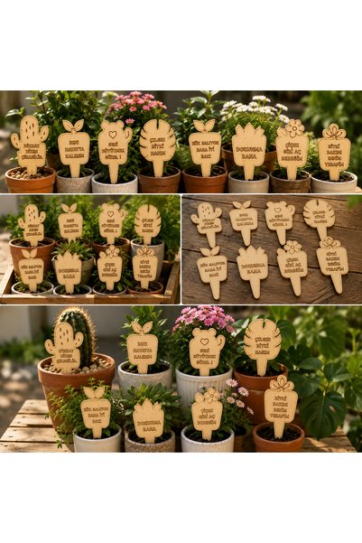 ArliaDesign Konuşan Saksı Etiketi 8'li MDF Ahşap Bitki Etiketi Dekoratif Saksı Süsü 8x16 cm