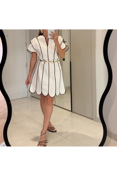 Butik Kadın Ekru Biye Detaylı Tasarım Elbise