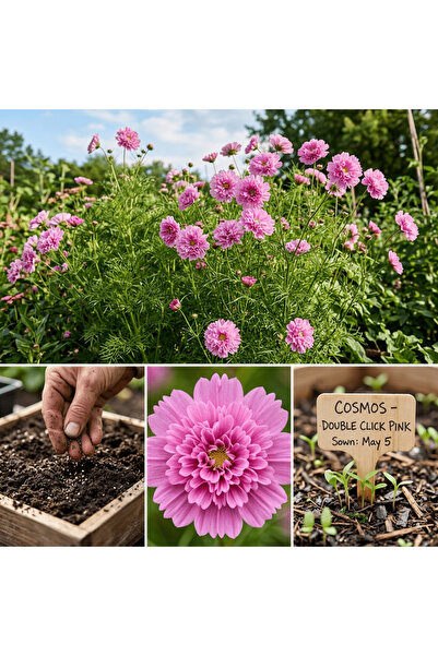 Bloom & Sow Seed بذور كوزموس وردية مزدوجة النقر، زهور متموجة بالكامل، سهلة ال...