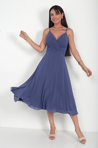 By Saygı Women's Rope Strap Double Breasted Collar Lined Chiffon Flared Midi ...