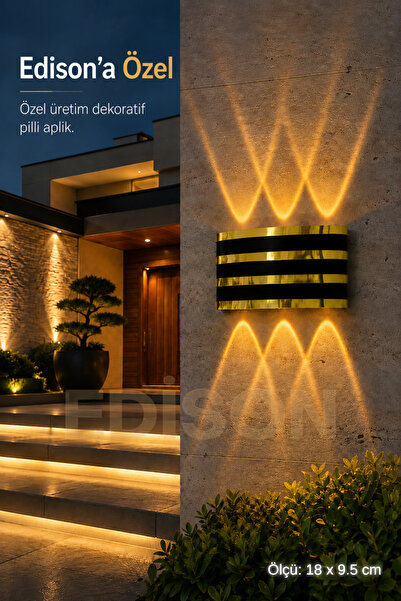 Edison Pilli LED Duvar Apliği Gold Şeritli Dekoratif Amber Aplik Kablosuz Mod...