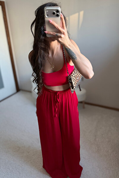 MoyStore Red Thin Satin Blend Drawstring Palazzo Pants