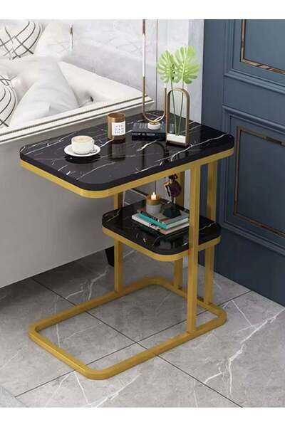 Generic 2-Tier Rectangular Side Table | Black & Gold Metal Frame | Modern Cof...
