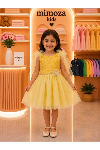 Mimoza Kids Kız Çocuk Sarı Omuz Fiyonklu Taş İşlemeli Tül Prenses Abiye Elbis...