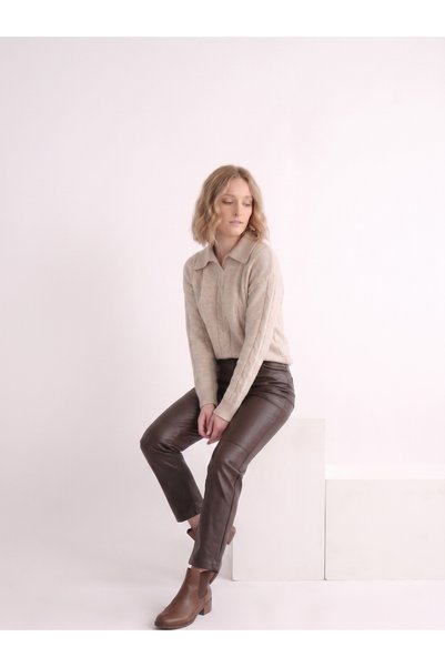 M&C Colleciton Women's Hair Braid Detail Polo Collar Sweater