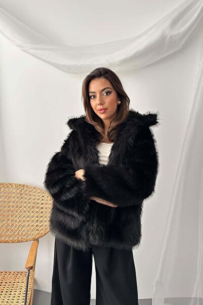 Moda Days سترة نسائية سوداء من الفرو الصناعي بياقة من الفرو وأكمام طويلة ومنا...