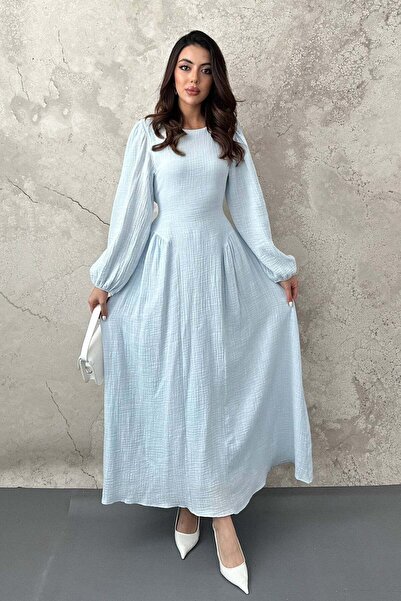 Moda Days فستان ماكسي نسائي أزرق بأكمام طويلة وياقة دائرية وأكمام بالونية
