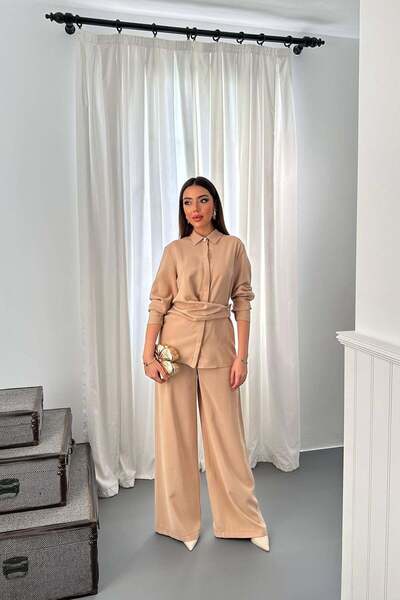 Clothes Fast Women's Camel Two-Piece Suit Shirt Collar Belted Wide Leg Straig...