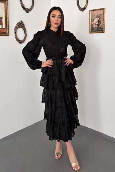 Clothes Fast Women's Black Long Dress with High Collar, Buttons, Belt, Flounc...