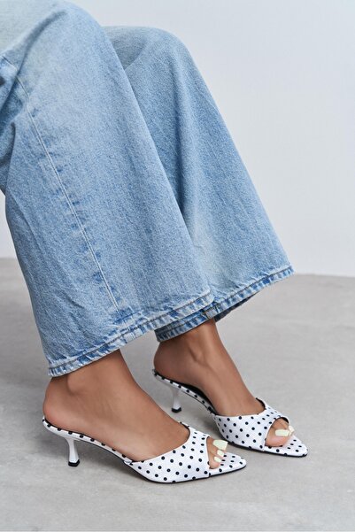 NİŞANTAŞI SHOES Promise White Polka Dot Patterned Pointed Toe Women's Thin He...
