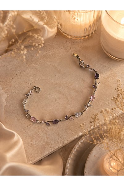JEWELRY Tulip Bracelet with Lilac Pink Stones and Leaf Detail for Women, Stylish and Elegant Jewelry