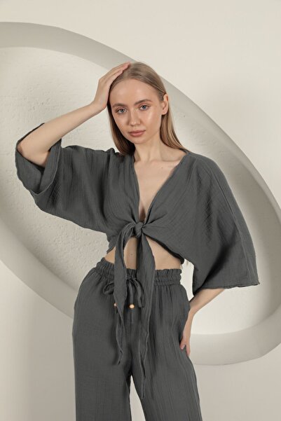 Moda Days Women's Anthracite Muslin Kimono V-Neck Tie-Up Bat Sleeve Crop Top