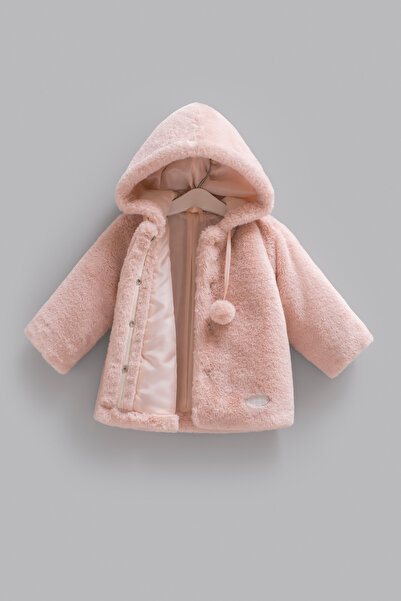 Caramell 100% Cotton Baby Girl Coat with Hood, Pompom and Snap Buttons, Plush...