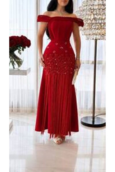 Generica Generic Red Off-Shoulder Evening Dress with Luxurious Embroidery and...