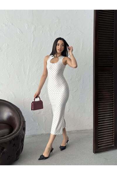 Moda Days Women's White Polka Dot Sleeveless Keyhole Neckline Accessory Detai...