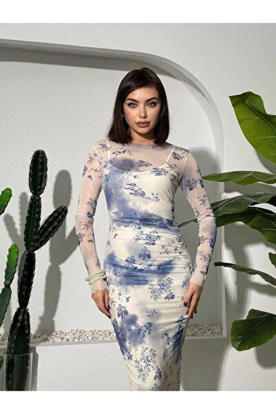 Moda Days Women's Patterned Floral Tulle Long Sleeve Crew Neck Draped Midi Dress