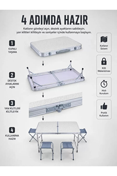 Nemere Valiz Tipi Katlanabilir Piknik Masası 4 Tabureli Taşınabilir Kamp Masa...