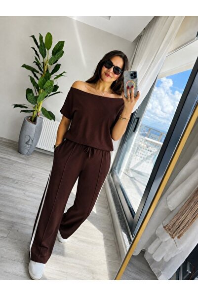 Şeker Portakalım Women's one shoulder open side stripe detailed viscose two t...